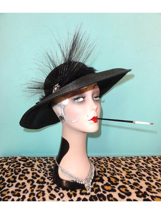 Vintage Black Church Hat w/ Feathers & Rhinestone Brooch Kentucky Derby goth main image 9